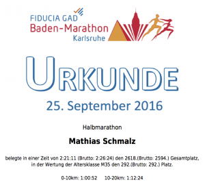 Urkunde Baden-Marathon Karlsruhe 2016 inkl. gelaufener Zeit